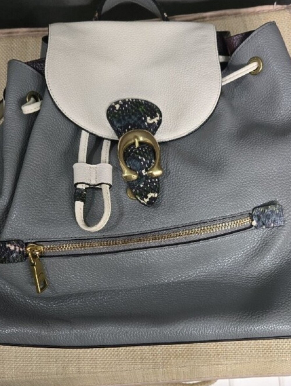 Coach Gray and Cream Leather Drawstring Backpack with Snakeskin Trim - Picture 14 of 14